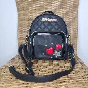 Betsey Johnson Convertible Backpack Black Gold Red Signature Logo Floral Hearts
